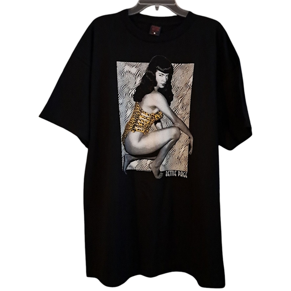 VTG BETTIE PAGE T-Shirt, Size XL, Black / Leopard Print Y2K 90s BNWOT Pin-up - Picture 1 of 8